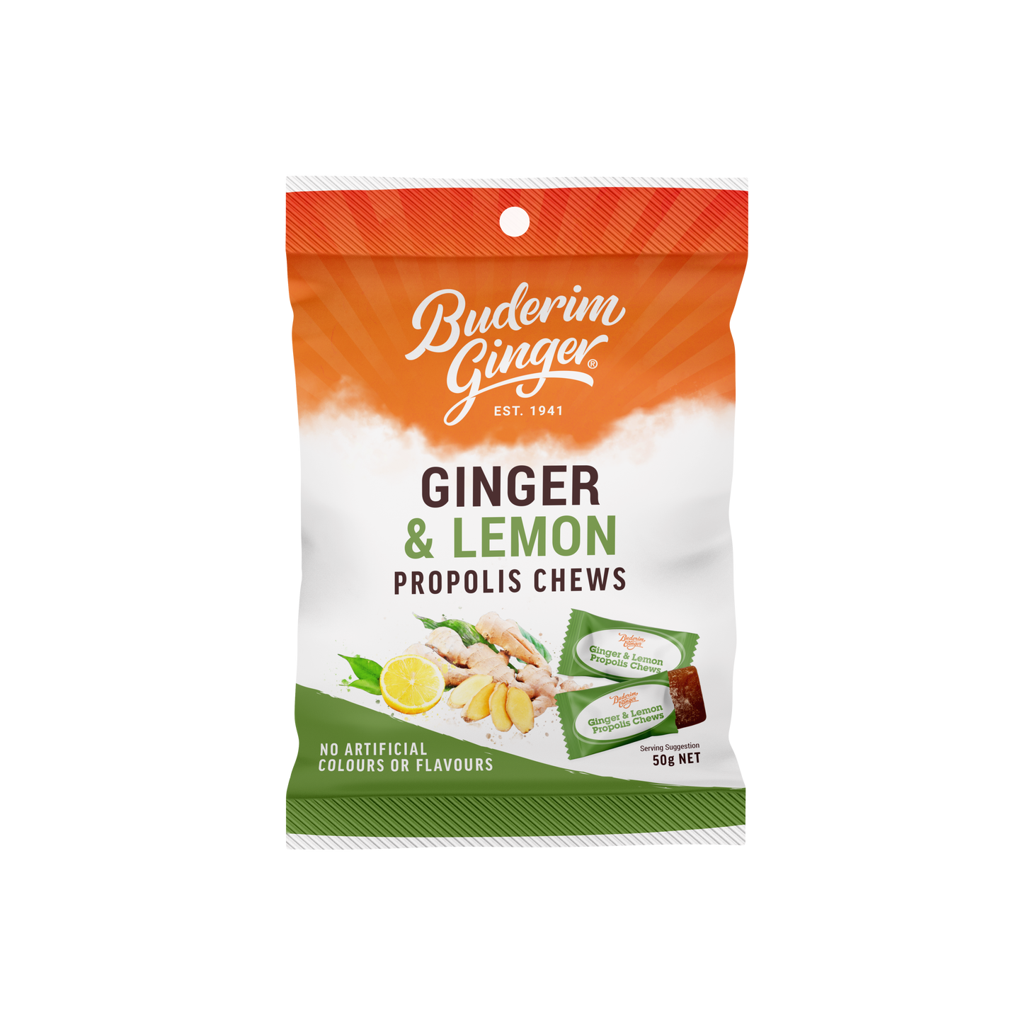 Buderim Ginger Chews - Ginger & Lemon Propolis Chews 50g